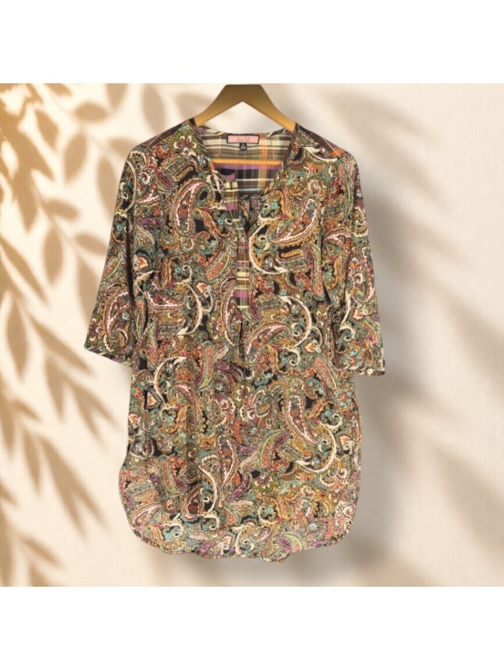 Olive Hill Tunic Top Women S Small Brown Paisley 3/4 Sleeve Button Casual